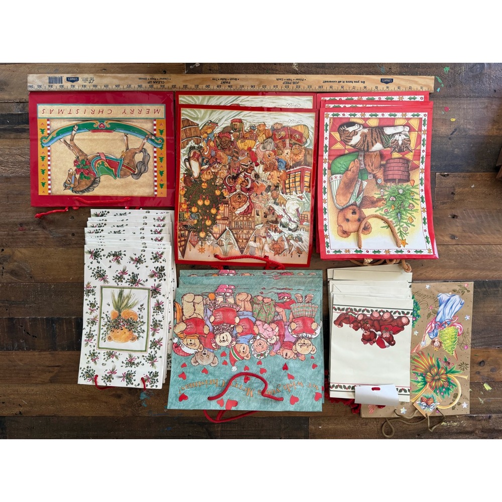 Vintage Christmas Gift Bag Lot Teddy Bears Rocking Horse Holiday Wrap Assorted